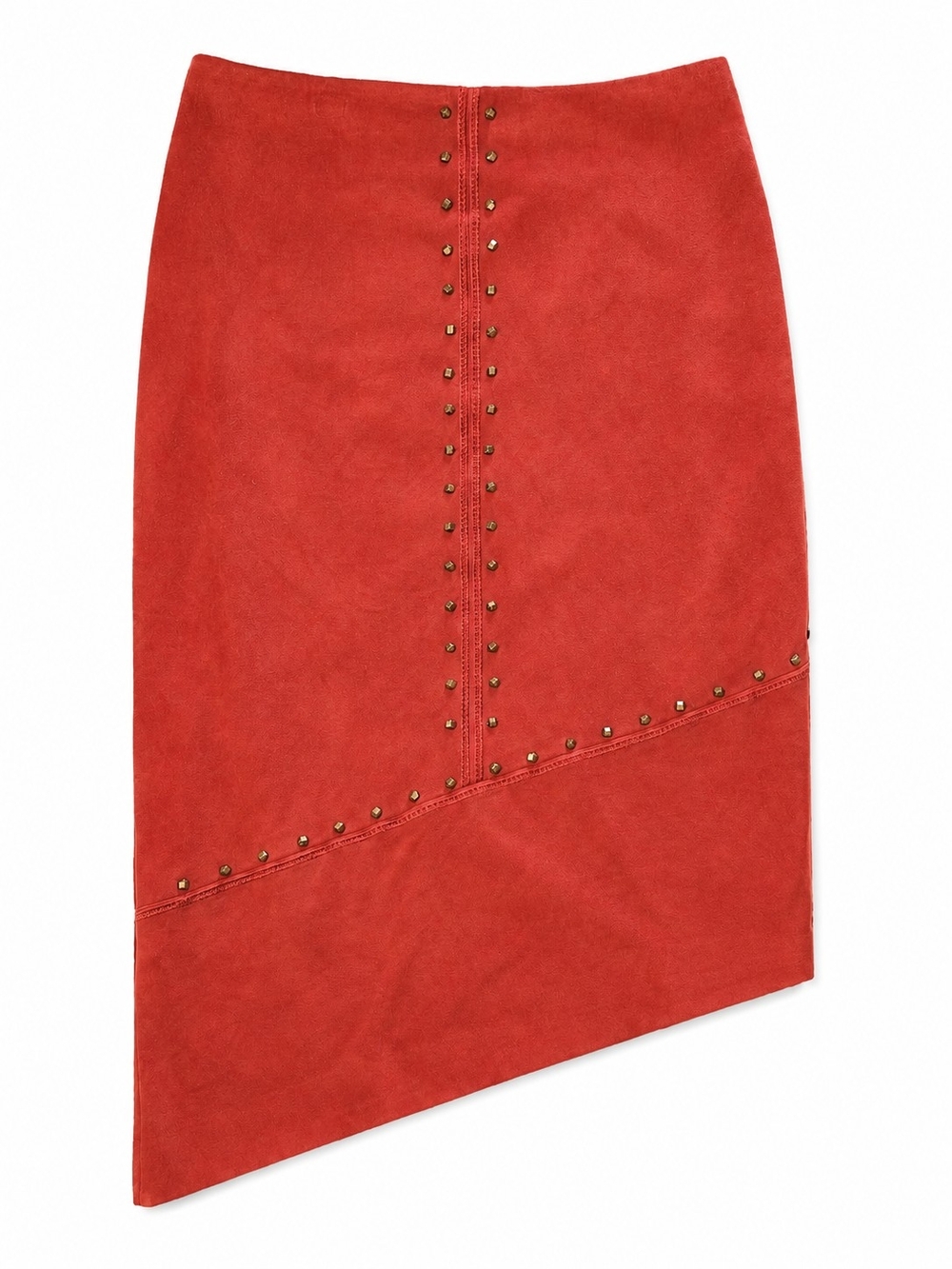 Bisou Bisou Burnt Orange Asymmetrical Faux Suede Pencil Skirt with Studs, Size 4